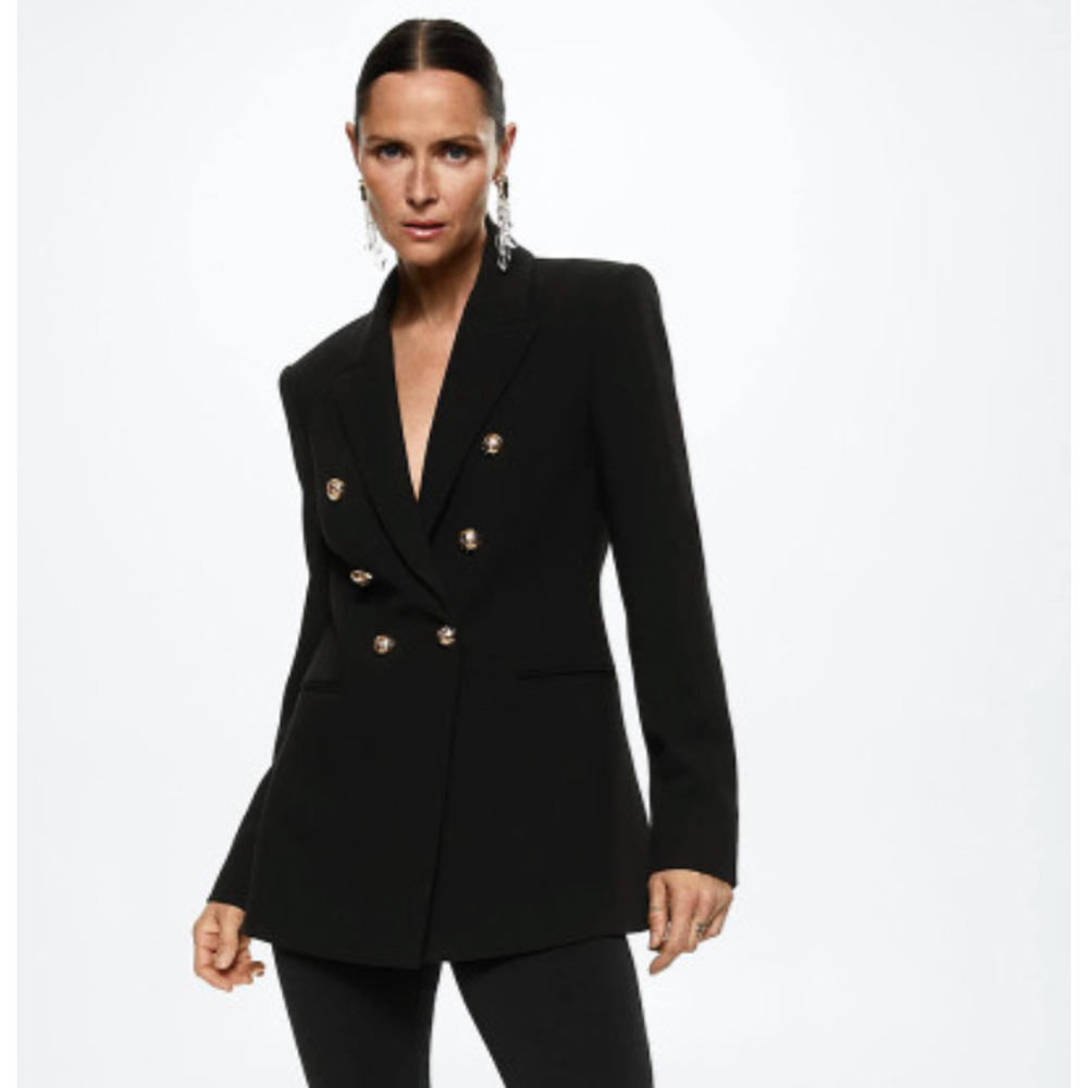 NEW MANGO MNG BLACK DOUBLE BREASTED GOLD BUTTONS SUIT BLAZER JACKET SZ M - Picture 4 of 11